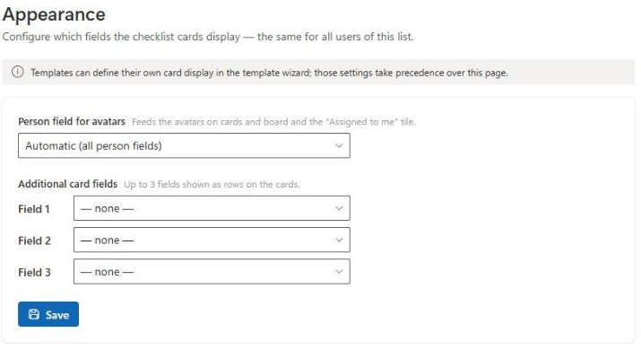 Settings Appearance for the card display