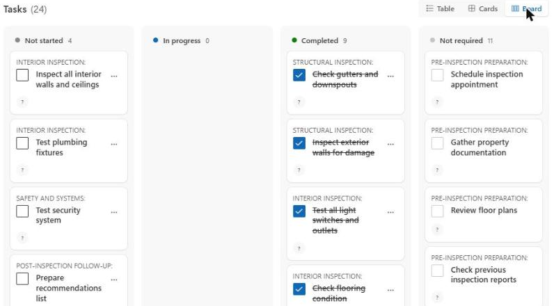 Kanban view of the tasks