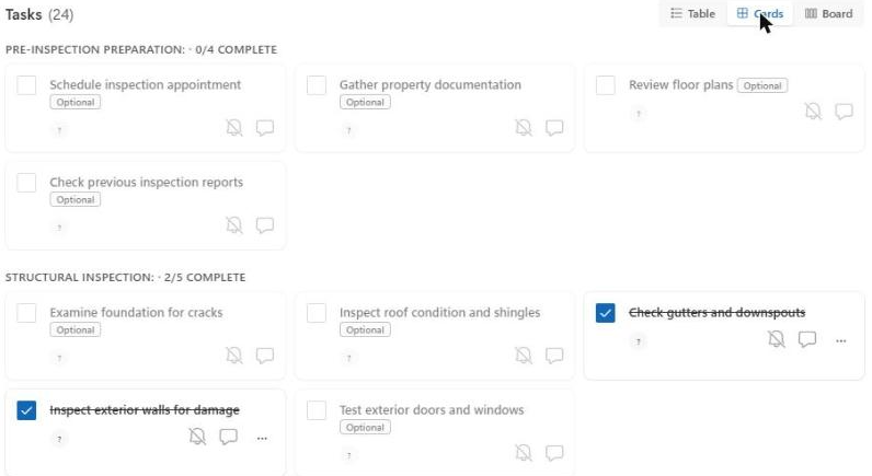 Tasks in the card view
