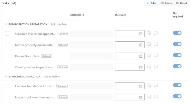 Task table with locked and overdue tasks