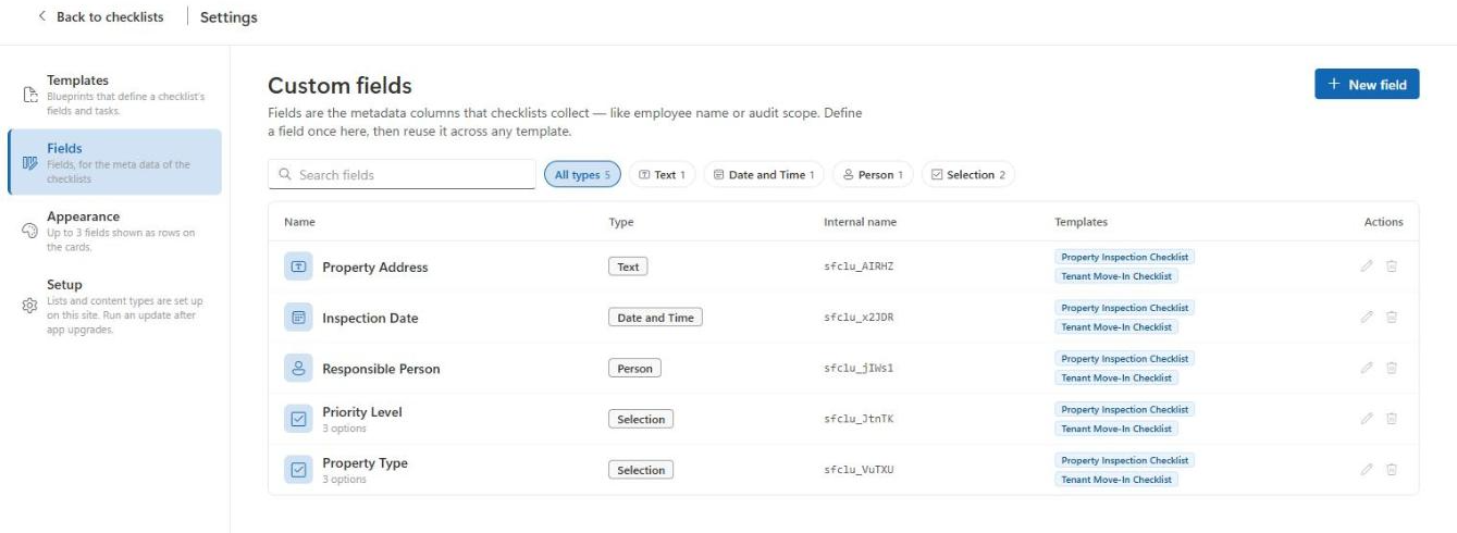 Settings Fields with a table of all fields