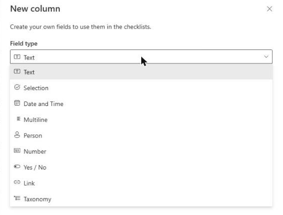 New field dialog with field type selection