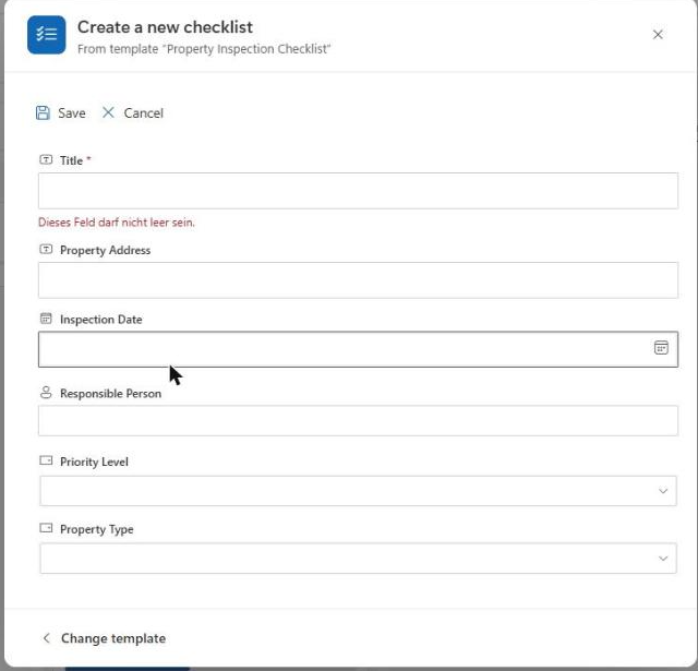 «New checklist» dialog with title and metadata fields