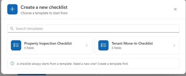 «New checklist» dialog with template selection