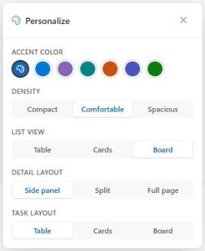 Personalization panel with all personal settings