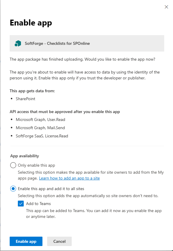 Enable the app for all sites