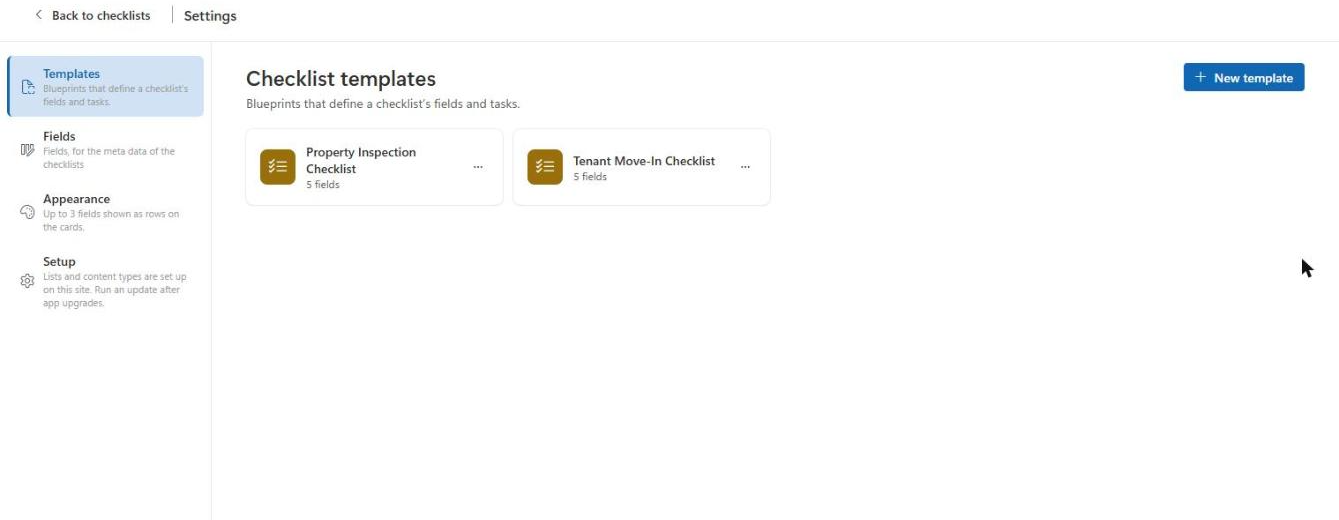 Settings Templates with several template cards
