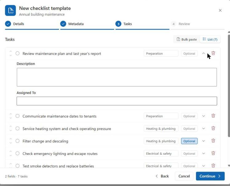 Template wizard Tasks step in the list editor