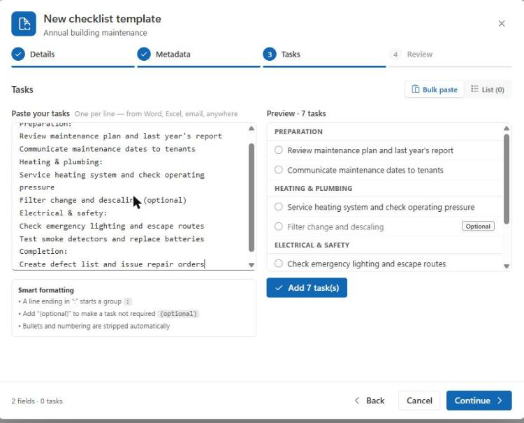 Template wizard Tasks step in bulk paste mode